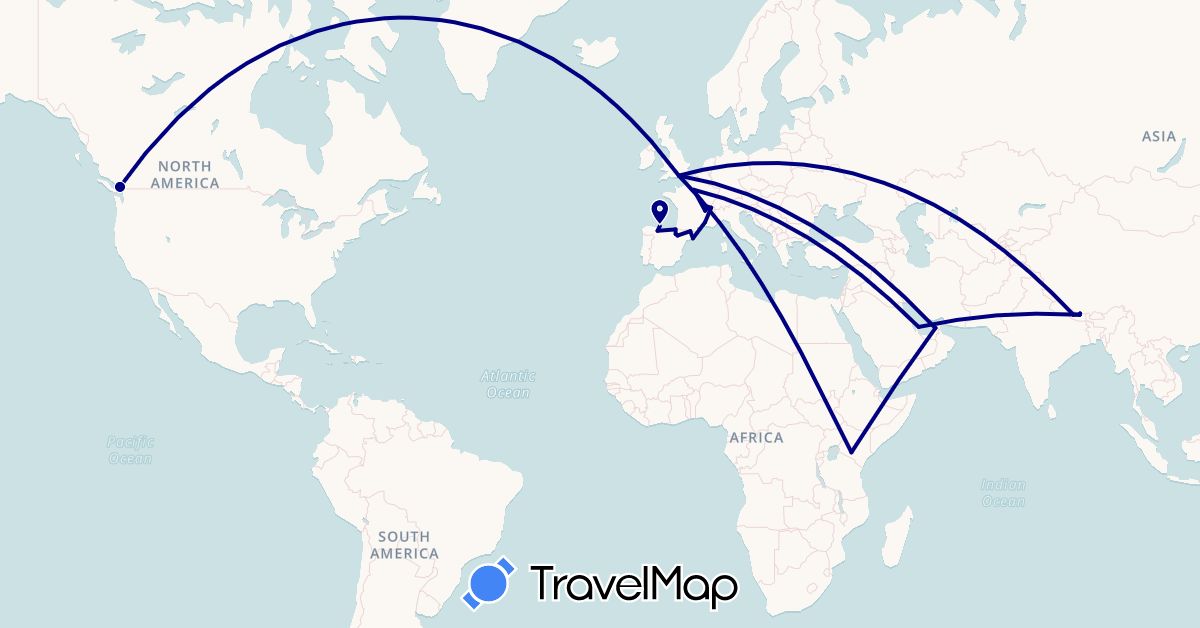 TravelMap itinerary: driving in Andorra, United Arab Emirates, Canada, Switzerland, Spain, France, United Kingdom, Kenya, Nepal, Qatar (Africa, Asia, Europe, North America)